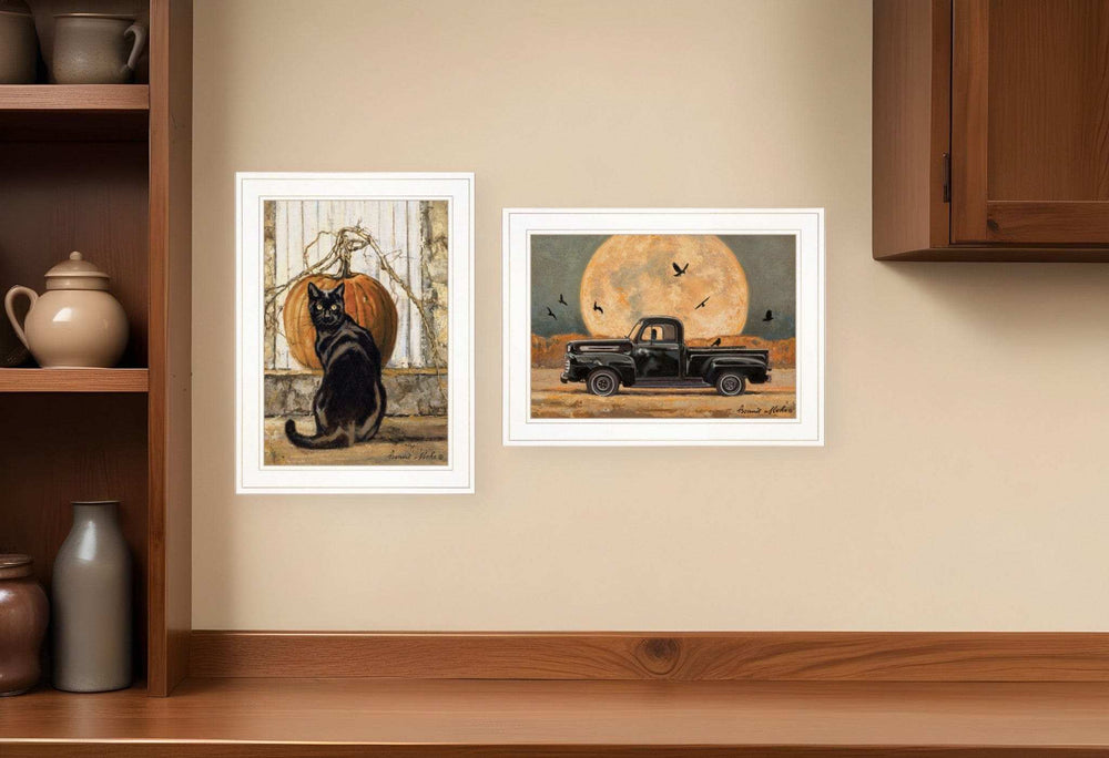 Set Of Two Harvest Moon with A Black Cat and Truck 1 White Framed Print Kitchen Wall Art - Homeroots - Flyclothing LLC