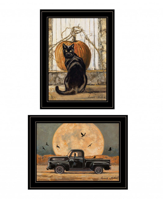 Set Of Two Harvest Moon with A Black Cat and Truck 2 Black Framed Print Kitchen Wall Art - Homeroots - Flyclothing LLC