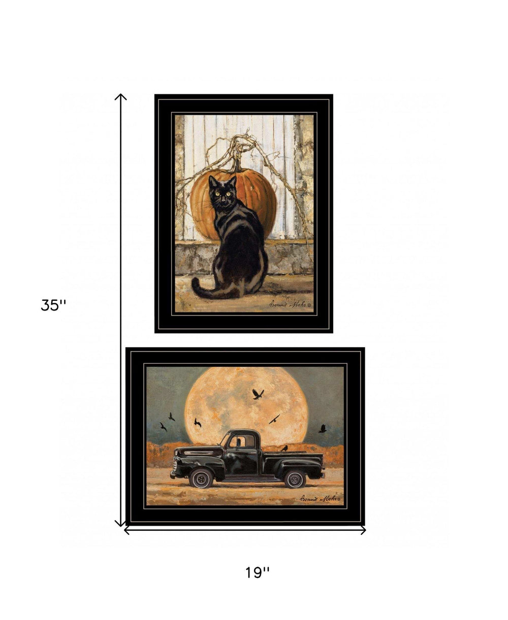 Set Of Two Harvest Moon with A Black Cat and Truck 2 Black Framed Print Kitchen Wall Art - Homeroots - Flyclothing LLC