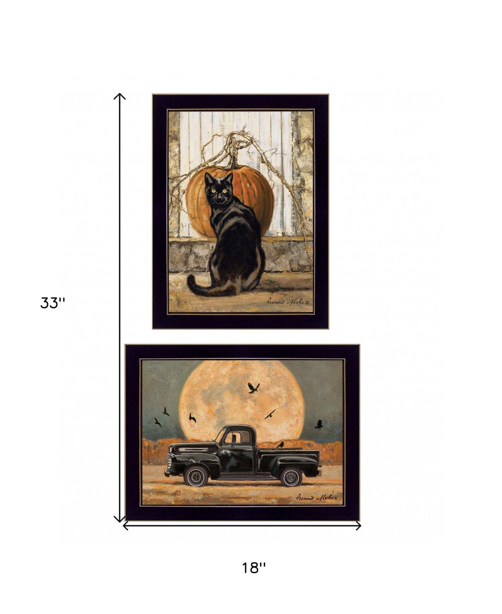 Set Of Two Harvest Moon with A Black Cat and Truck 3 Black Framed Print Kitchen Wall Art - Homeroots - Flyclothing LLC