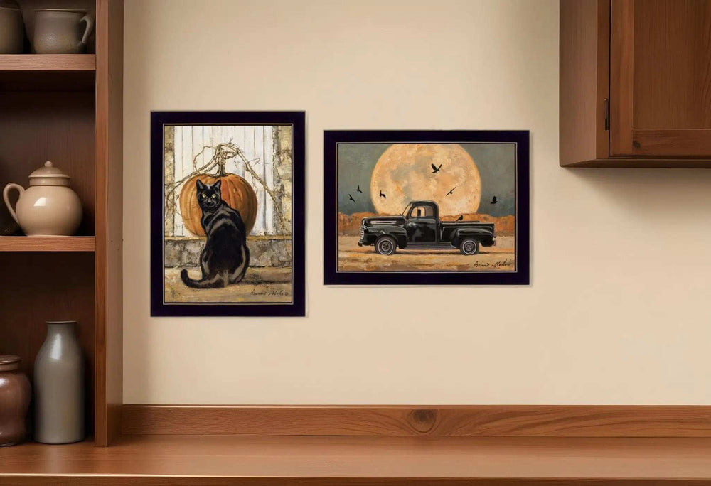 Set Of Two Harvest Moon with A Black Cat and Truck 3 Black Framed Print Kitchen Wall Art - Homeroots - Flyclothing LLC
