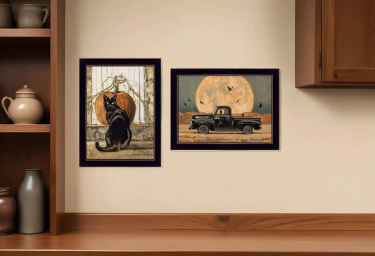 Set Of Two Harvest Moon with A Black Cat and Truck 3 Black Framed Print Kitchen Wall Art - Homeroots - Flyclothing LLC