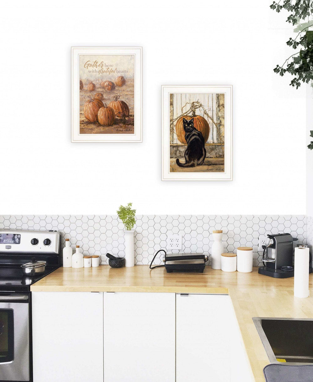 Set Of Two Pumpkins with A Black Cat 1 White Framed Print Wall Art - Homeroots - Flyclothing LLC