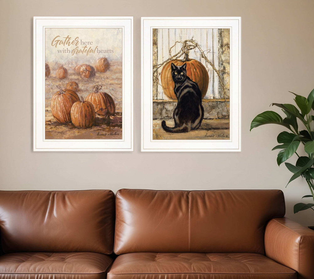 Set Of Two Pumpkins with A Black Cat 1 White Framed Print Wall Art - Homeroots - Flyclothing LLC