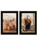 Set Of Two Pumpkins with A Black Cat Black Framed Print Wall Art - Homeroots - Flyclothing LLC