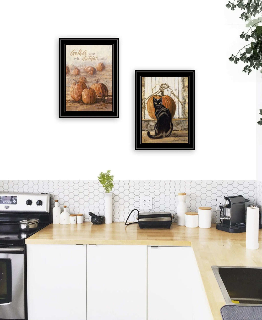 Set Of Two Pumpkins with A Black Cat Black Framed Print Wall Art - Homeroots - Flyclothing LLC