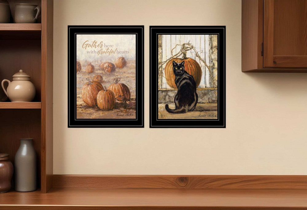 Set Of Two Pumpkins with A Black Cat Black Framed Print Wall Art - Homeroots - Flyclothing LLC