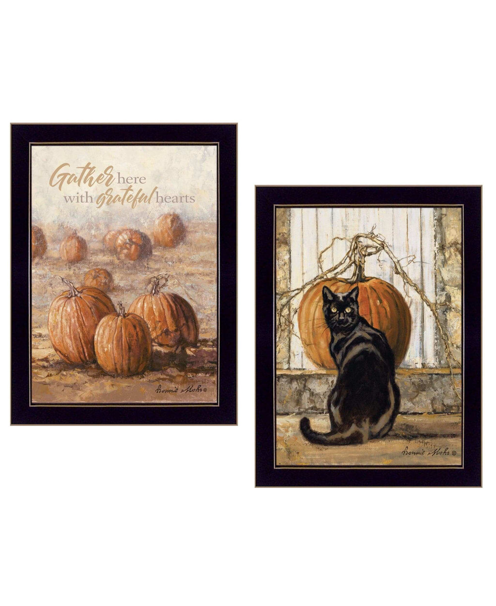 Set Of Two Pumpkins with A Black Cat Black Framed Print Wall Art - Homeroots - Flyclothing LLC