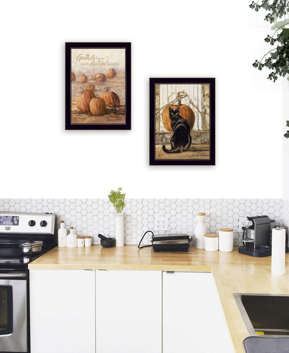 Set Of Two Pumpkins with A Black Cat Black Framed Print Wall Art - Homeroots - Flyclothing LLC