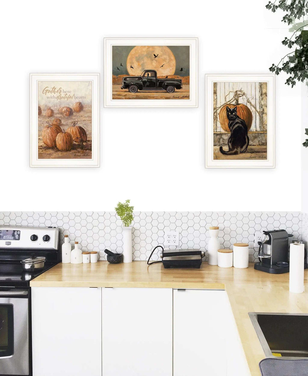 Set Of Three Harvest Moon White Framed Print Kitchen Wall Art - Homeroots - Flyclothing LLC