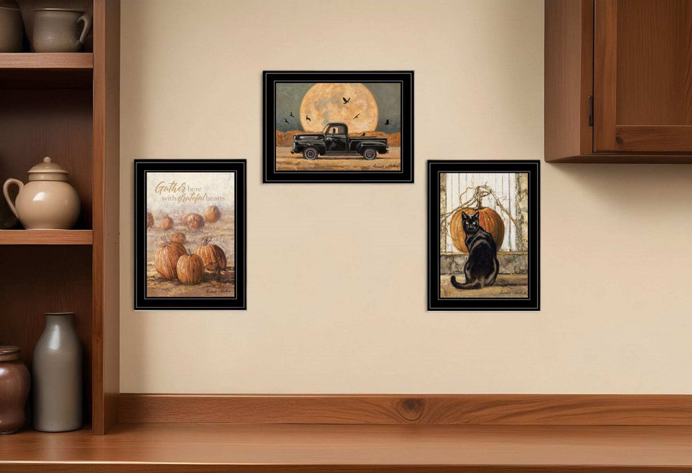 Set Of Three Harvest Moon Black Framed Print Kitchen Wall Art - Homeroots - Flyclothing LLC