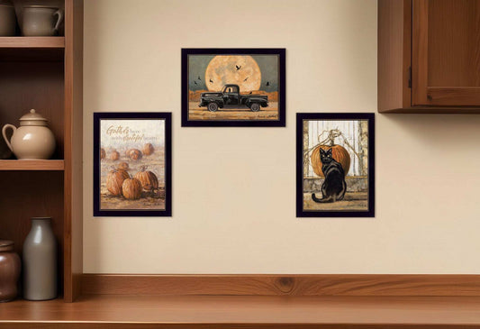 Set Of Three Harvest Moon Black Framed Print Kitchen Wall Art - Homeroots - Flyclothing LLC