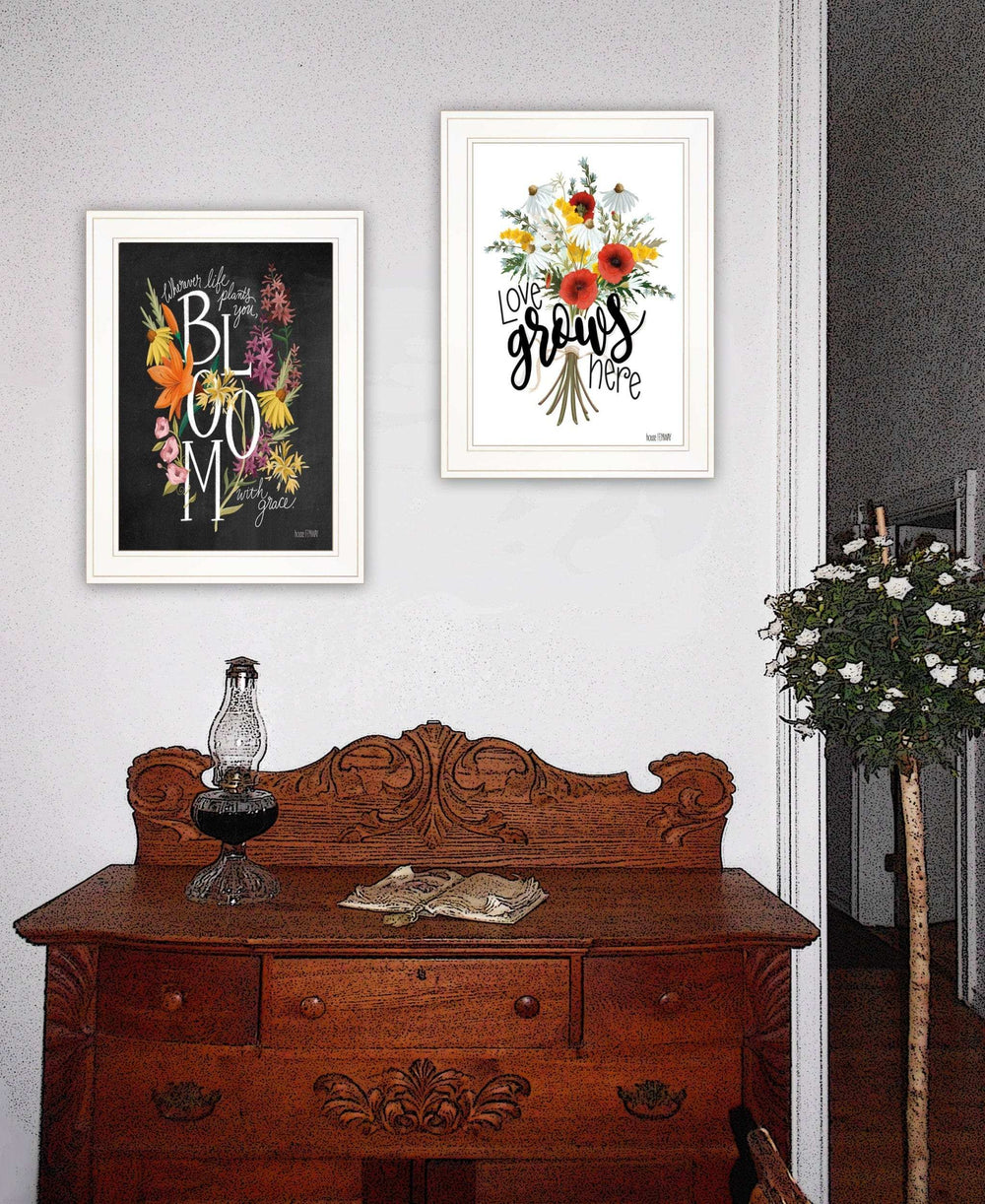 Set Of Two Love and Bloom White Framed Print Wall Art - Homeroots - Flyclothing LLC