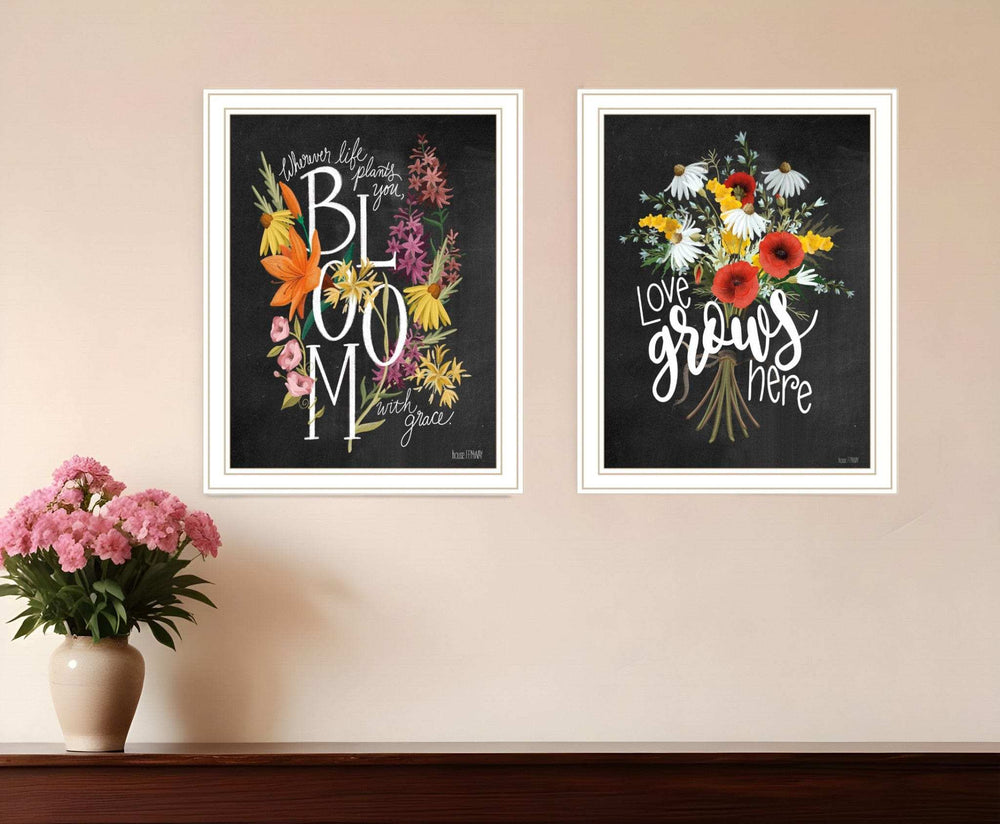Set Of Two Love Grows Here White Framed Print Wall Art - Homeroots - Flyclothing LLC