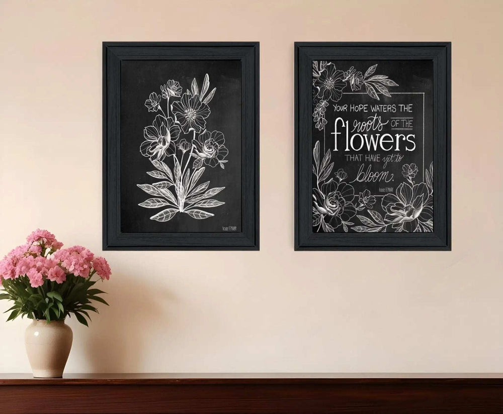 Set Of Two Vintage Chalkboard Blooms Black Framed Print Wall Art - Homeroots - Flyclothing LLC
