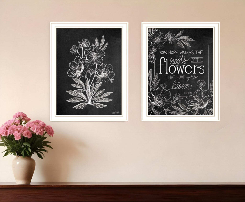 Set Of Two Vintage Chalkboard Blooms White Framed Print Wall Art - Homeroots - Flyclothing LLC