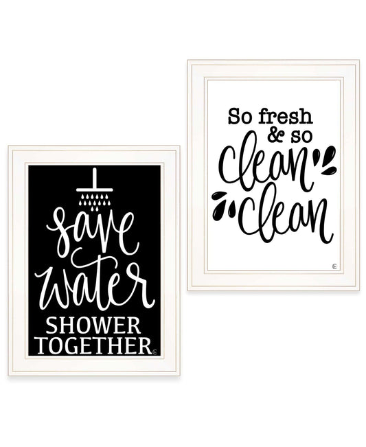 Set Of Two Clean or Shower Together White Framed Print Bathroom Wall Art - Homeroots - Flyclothing LLC