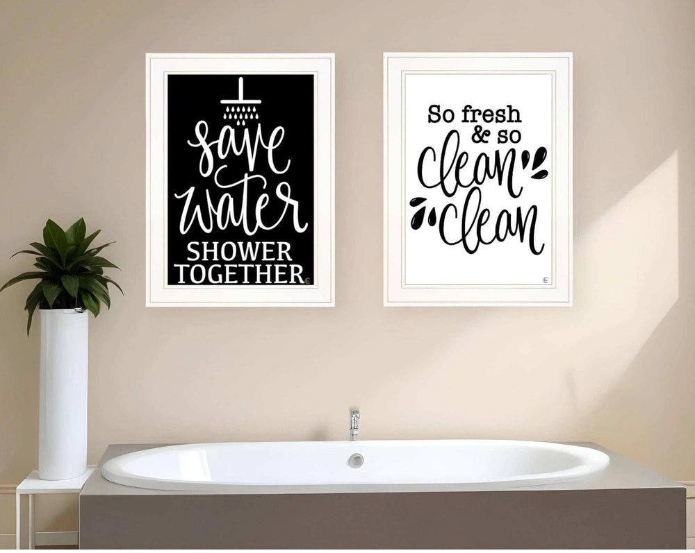 Set Of Two Clean or Shower Together White Framed Print Bathroom Wall Art - Homeroots - Flyclothing LLC