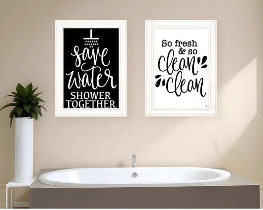 Set Of Two Clean or Shower Together White Framed Print Bathroom Wall Art - Homeroots - Flyclothing LLC