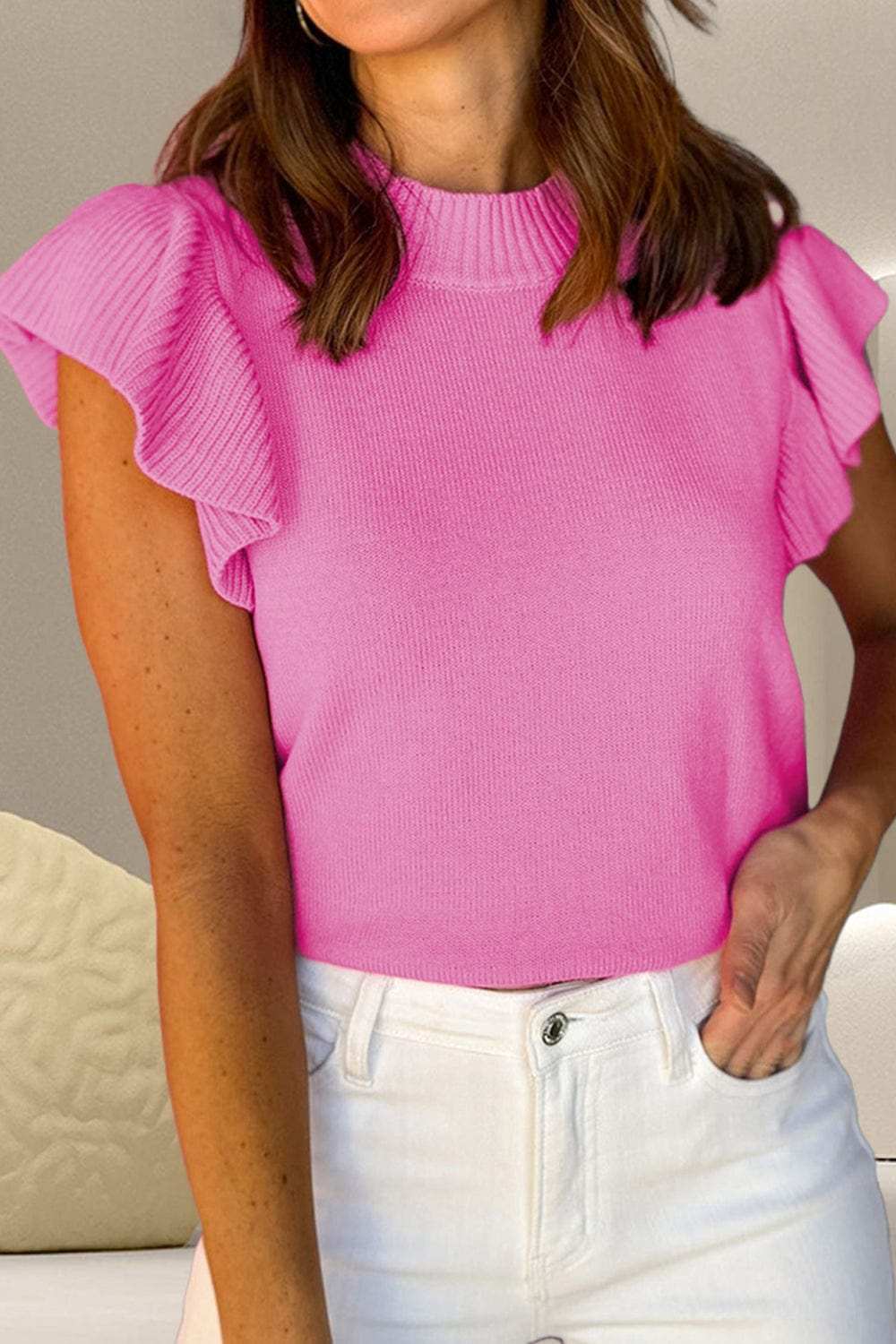 Ruffled Round Neck Cap Sleeve Sweater - Trendsi - Flyclothing LLC