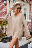 Slit V-Neck Dropped Shoulder Sweater - Trendsi - Flyclothing LLC