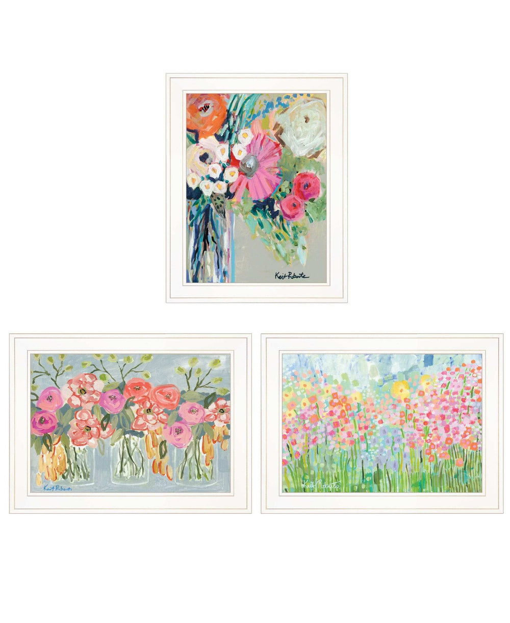 Set Of Three Garden Flowers White Grooved Frame Print Wall Art - Homeroots - Flyclothing LLC