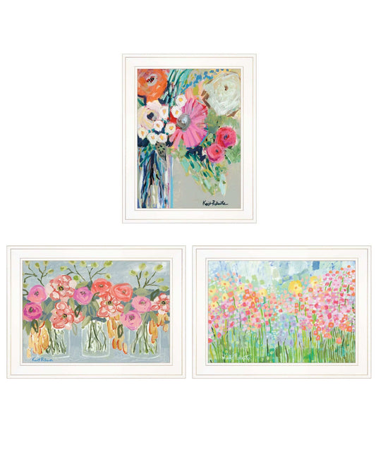 Set Of Three Garden Flowers White Grooved Frame Print Wall Art - Homeroots - Flyclothing LLC