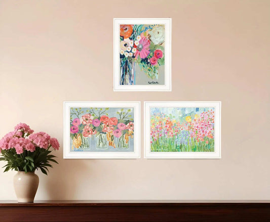 Set Of Three Garden Flowers White Grooved Frame Print Wall Art - Homeroots - Flyclothing LLC