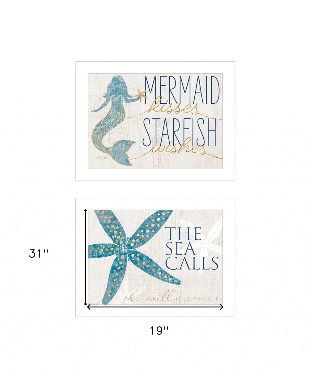 Set Of Two Mermaid Kisses Starfish Wishes 1 White Framed Print Wall Art - Homeroots - Flyclothing LLC