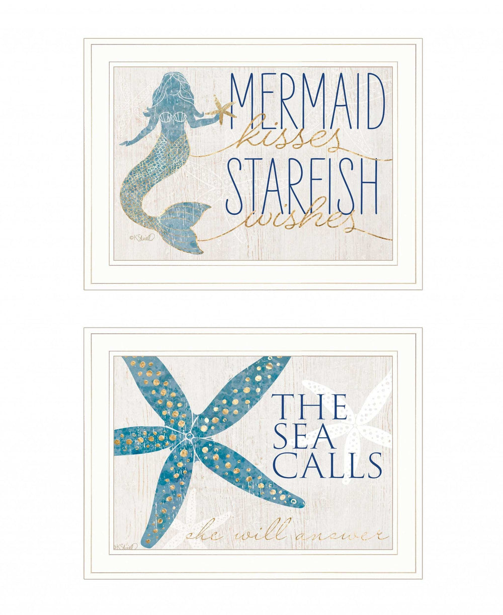 Set Of Two Mermaid Kisses Starfish Wishes 2 White Framed Print Wall Art - Homeroots - Flyclothing LLC