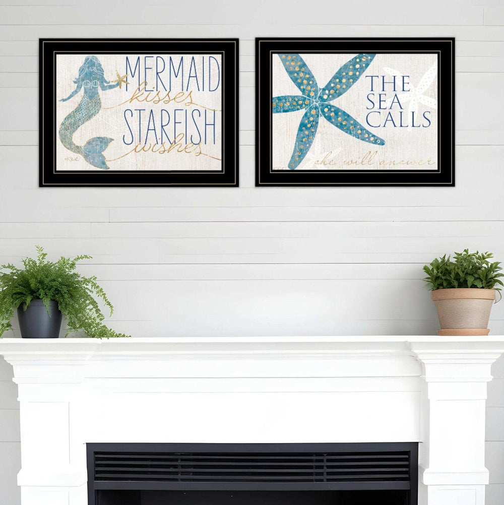 Set Of Two Mermaid Kisses Starfish Wishes 3 Black Framed Print Wall Art - Homeroots - Flyclothing LLC