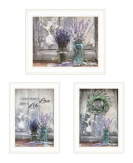 Set Of Three Love Life And Lavender White Framed Print Wall Art - Homeroots - Flyclothing LLC