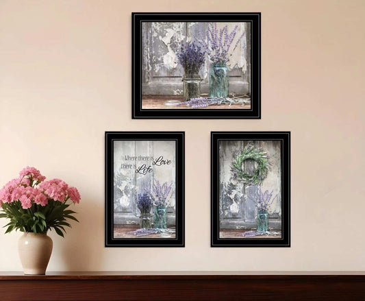 Set Of Three Love Life and Lavender Black Framed Print Wall Art - Homeroots - Flyclothing LLC