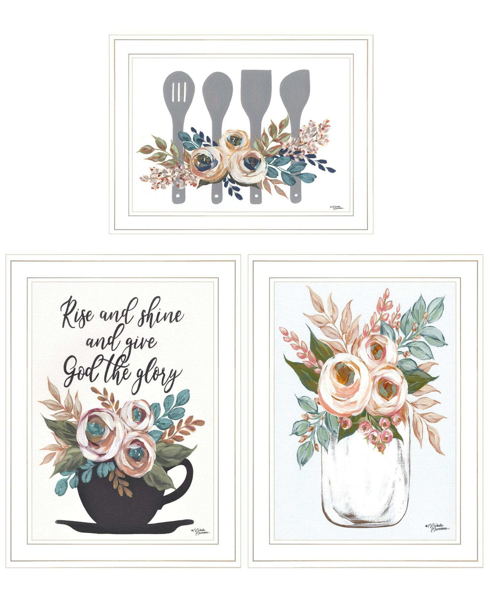 Set Of Three Rise and Shine White Framed Print Kitchen Wall Art - Homeroots - Flyclothing LLC