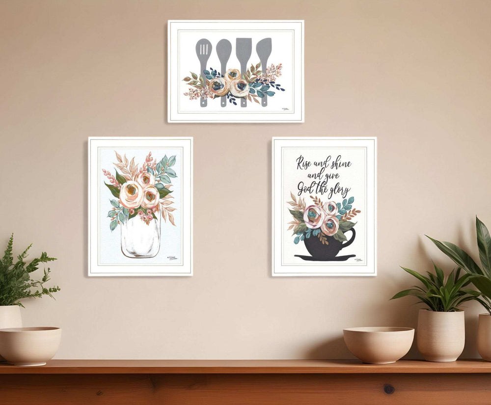 Set Of Three Rise and Shine White Framed Print Kitchen Wall Art - Homeroots - Flyclothing LLC