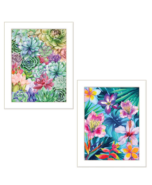 Set Of Two Succulents Paradise and Tropical Flowers White Framed Print Wall Art - Homeroots - Flyclothing LLC