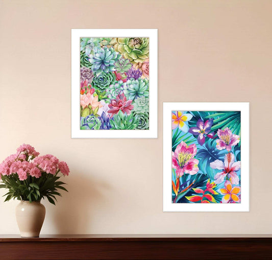 Set Of Two Succulents Paradise and Tropical Flowers White Framed Print Wall Art - Homeroots - Flyclothing LLC