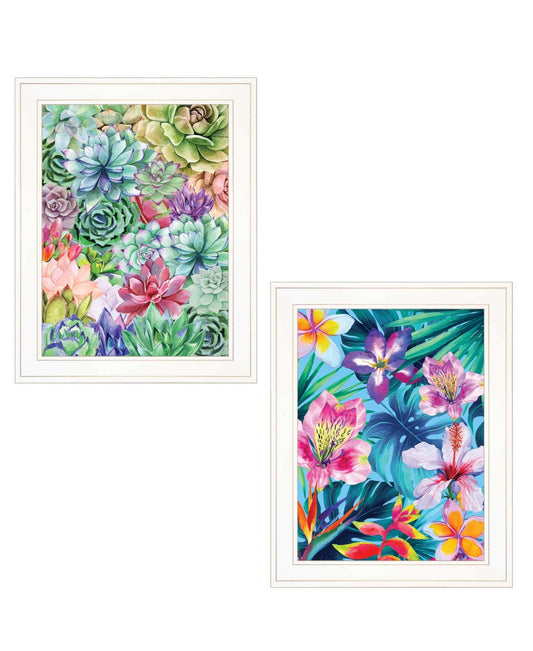 Set Of Two Succulents Paradise and Tropical Flowers White Framed Print Wall Art - Homeroots - Flyclothing LLC