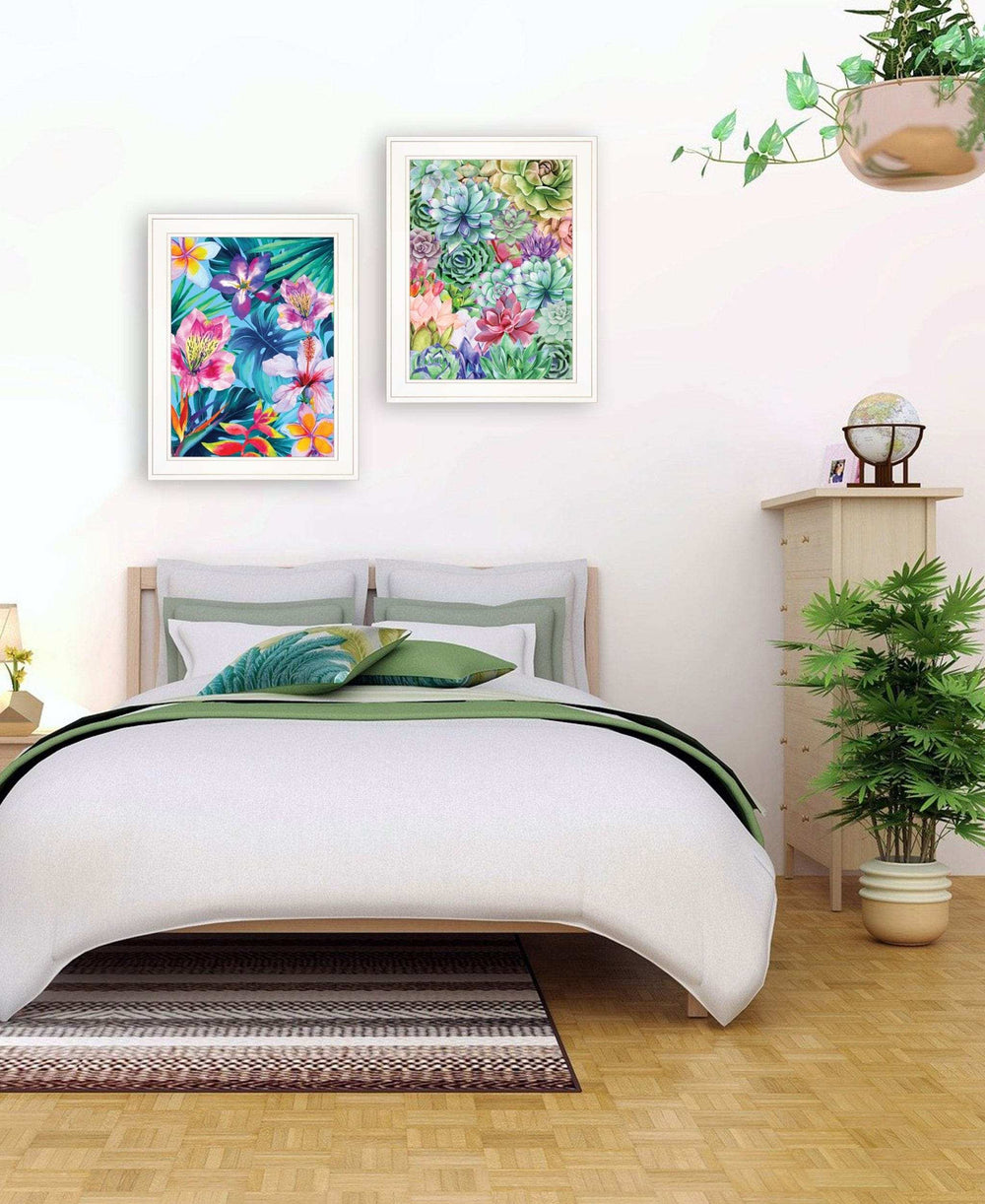 Set Of Two Succulents Paradise and Tropical Flowers White Framed Print Wall Art - Homeroots - Flyclothing LLC