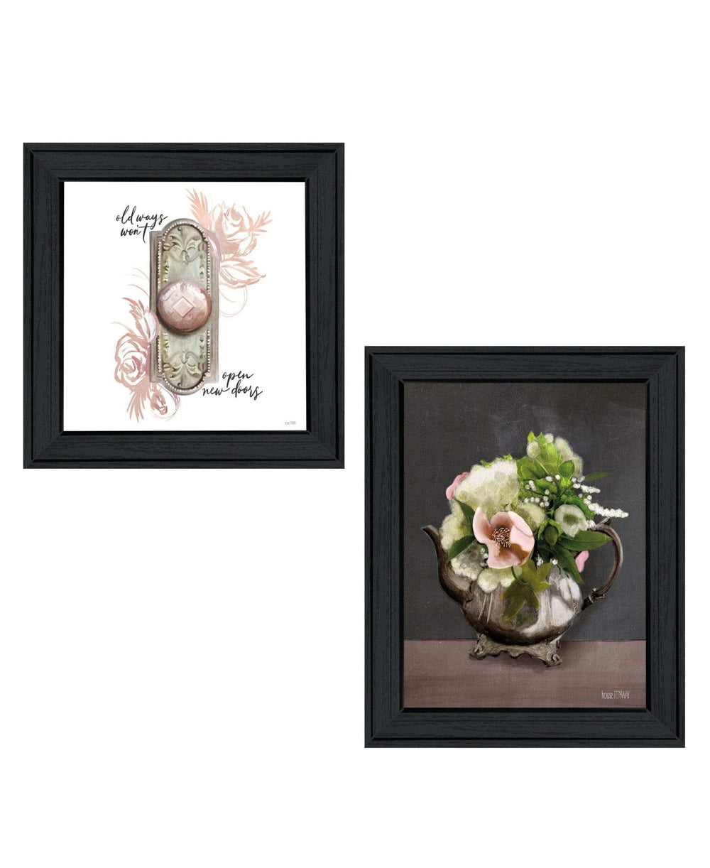 Set Of Two Vintage Floral Tea Pot and Door Knob Black Framed Print Kitchen Wall Art - Homeroots - Flyclothing LLC