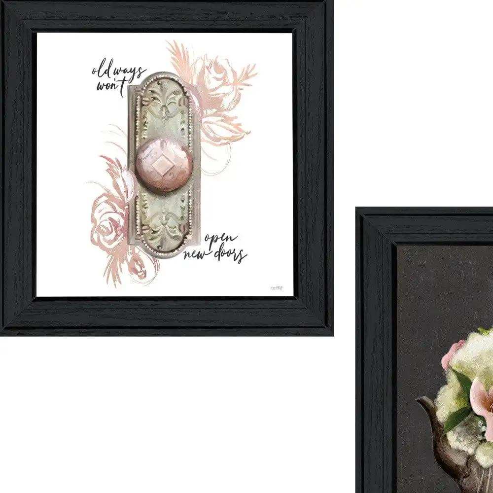 Set Of Two Vintage Floral Tea Pot and Door Knob Black Framed Print Kitchen Wall Art - Homeroots - Flyclothing LLC