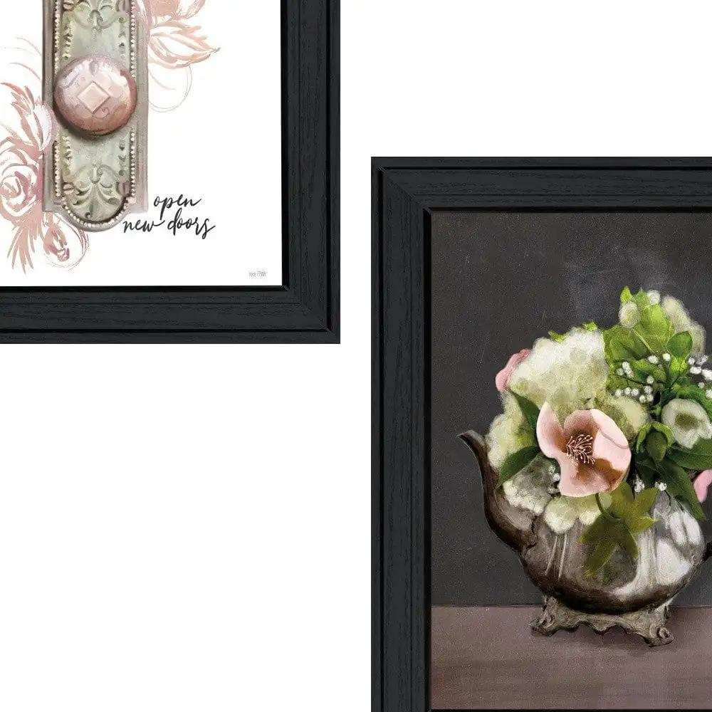 Set Of Two Vintage Floral Tea Pot and Door Knob Black Framed Print Kitchen Wall Art - Homeroots - Flyclothing LLC