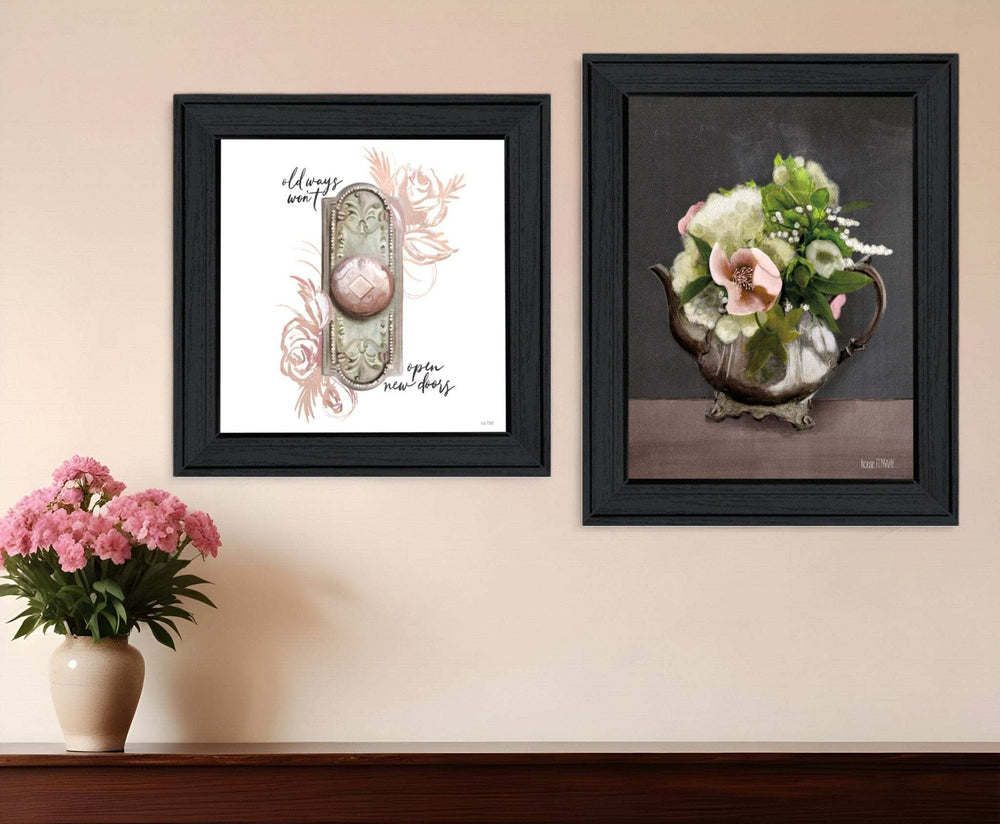 Set Of Two Vintage Floral Tea Pot and Door Knob Black Framed Print Kitchen Wall Art - Homeroots - Flyclothing LLC