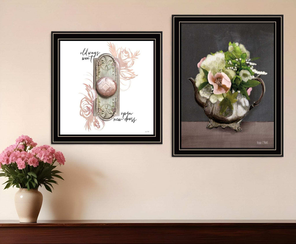 Set Of Two Vintage Floral Tea Pot and Door Knob Black Framed Print Kitchen Wall Art - Homeroots - Flyclothing LLC