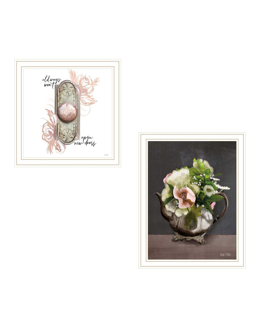 Set Of Two Vintage Floral Tea Pot and Door Knob White Framed Print Kitchen Wall Art - Homeroots - Flyclothing LLC