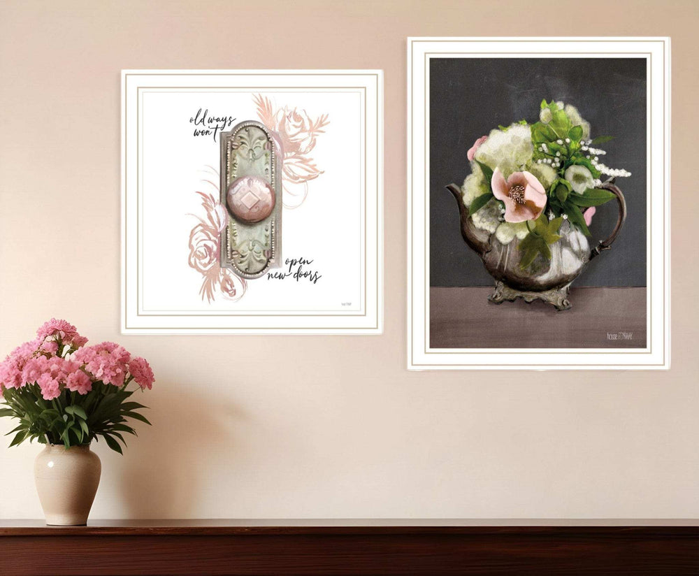 Set Of Two Vintage Floral Tea Pot and Door Knob White Framed Print Kitchen Wall Art - Homeroots - Flyclothing LLC