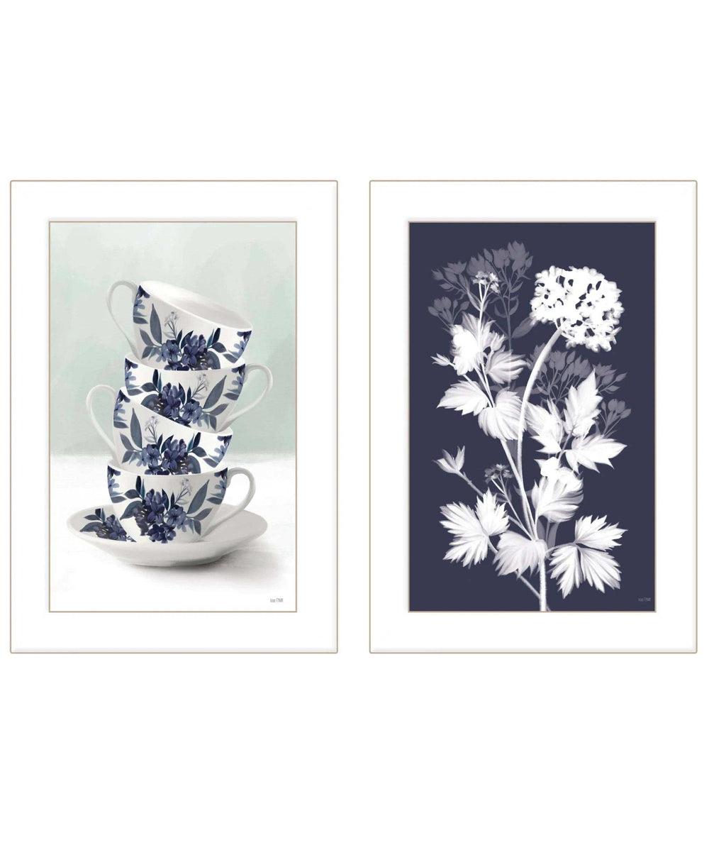 Set Of Two Tea Towers with Flowers Blue White Framed Print Kitchen Wall Art - Homeroots - Flyclothing LLC
