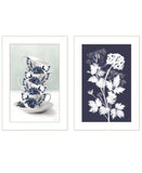 Set Of Two Tea Towers with Flowers Blue White Framed Print Kitchen Wall Art - Homeroots - Flyclothing LLC