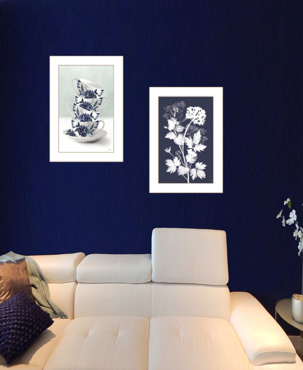 Set Of Two Tea Towers with Flowers Blue White Framed Print Kitchen Wall Art - Homeroots - Flyclothing LLC