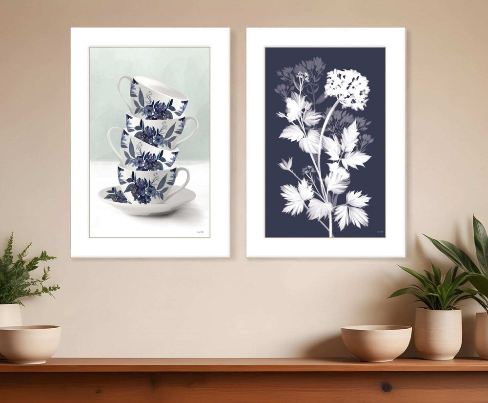 Set Of Two Tea Towers with Flowers Blue White Framed Print Kitchen Wall Art - Homeroots - Flyclothing LLC